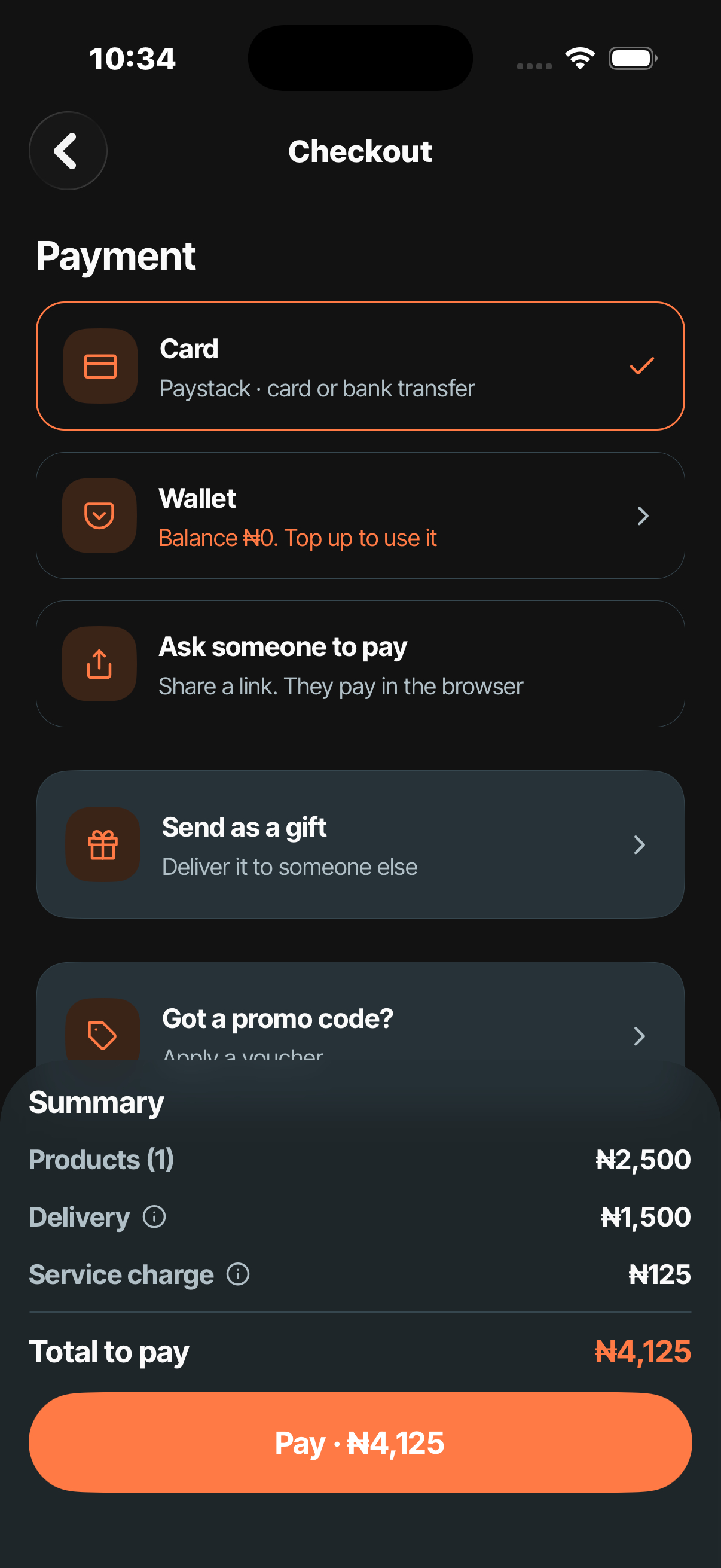 Runway app checkout screen with the order total and delivery address